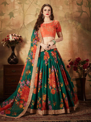 Green Floral Digital Printed Organza Bridal Lehenga Choli